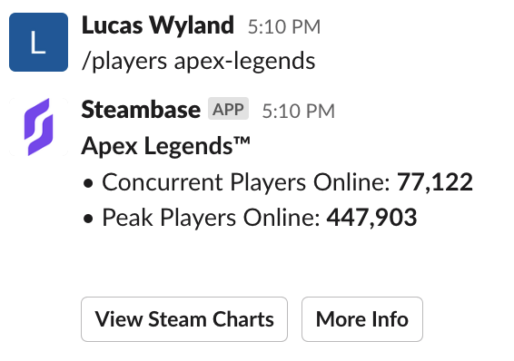 Steambase Bot for Slack Screenshot